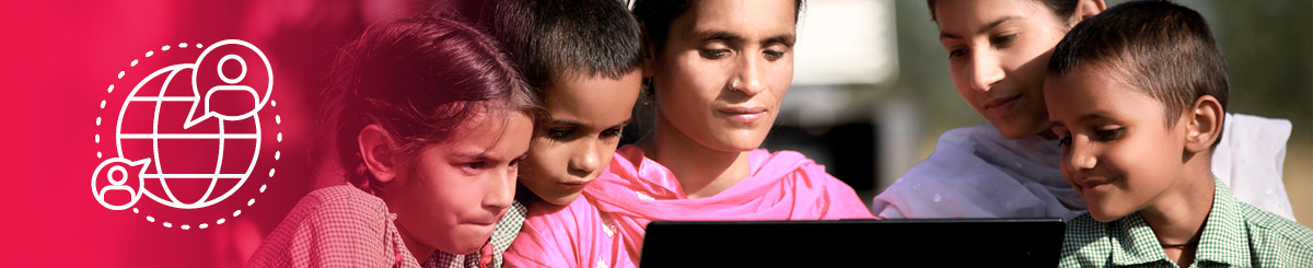 People crowd around a computer, an icon of the world with speech bubbles on the left