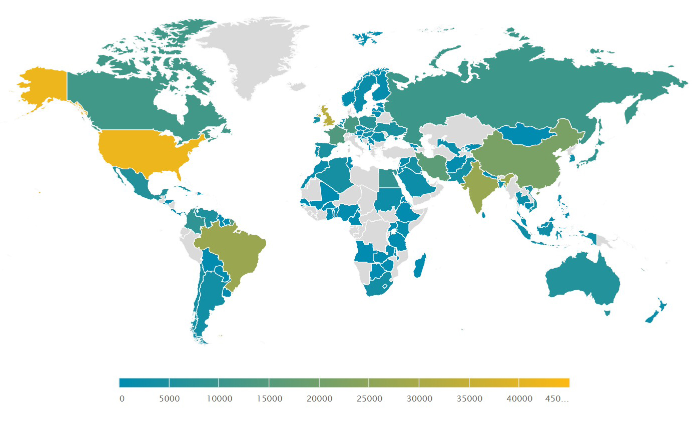 A map of the world with countries filled in with different colours